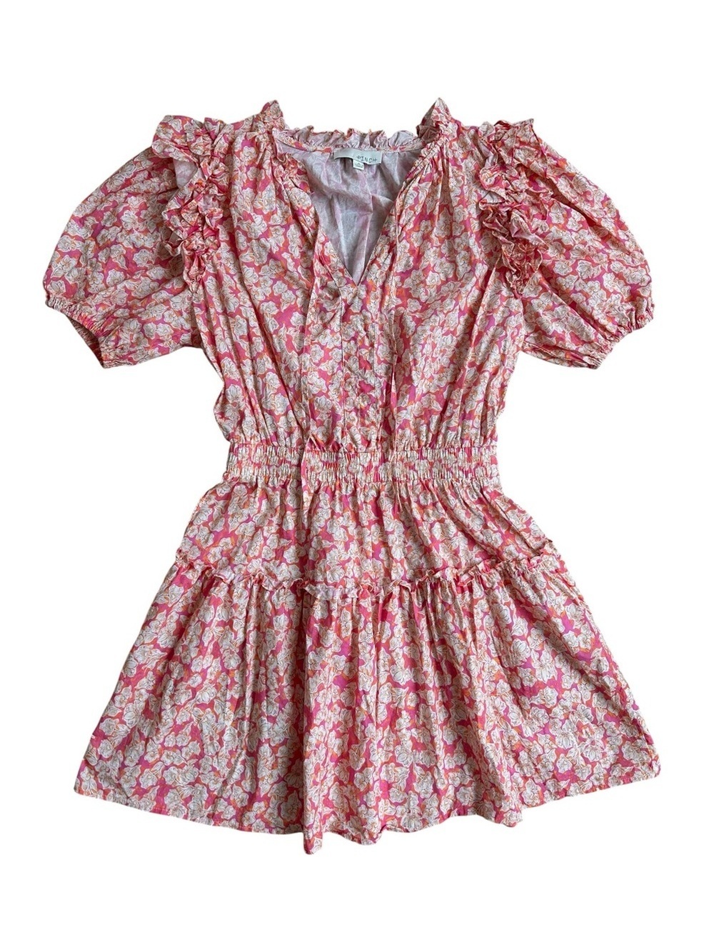 Pinch Pink and Orange Ruffled Puff Sleeve Cinched Waist Mini Dress